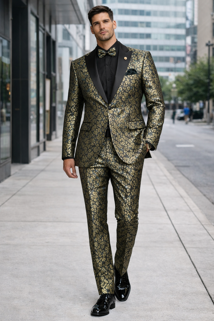 Emerald Green and Gold Floral Tuxedo Suit for Men Perfect Prom or Wedding Suit
