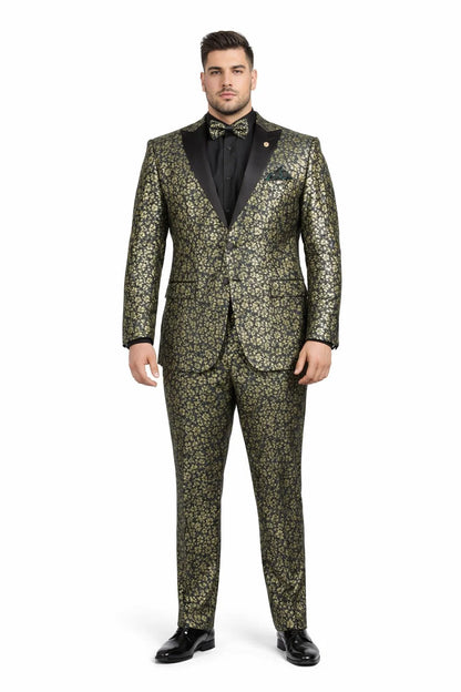 Emerald Green and Gold Floral Tuxedo Suit for Men Perfect Prom or Wedding Suit