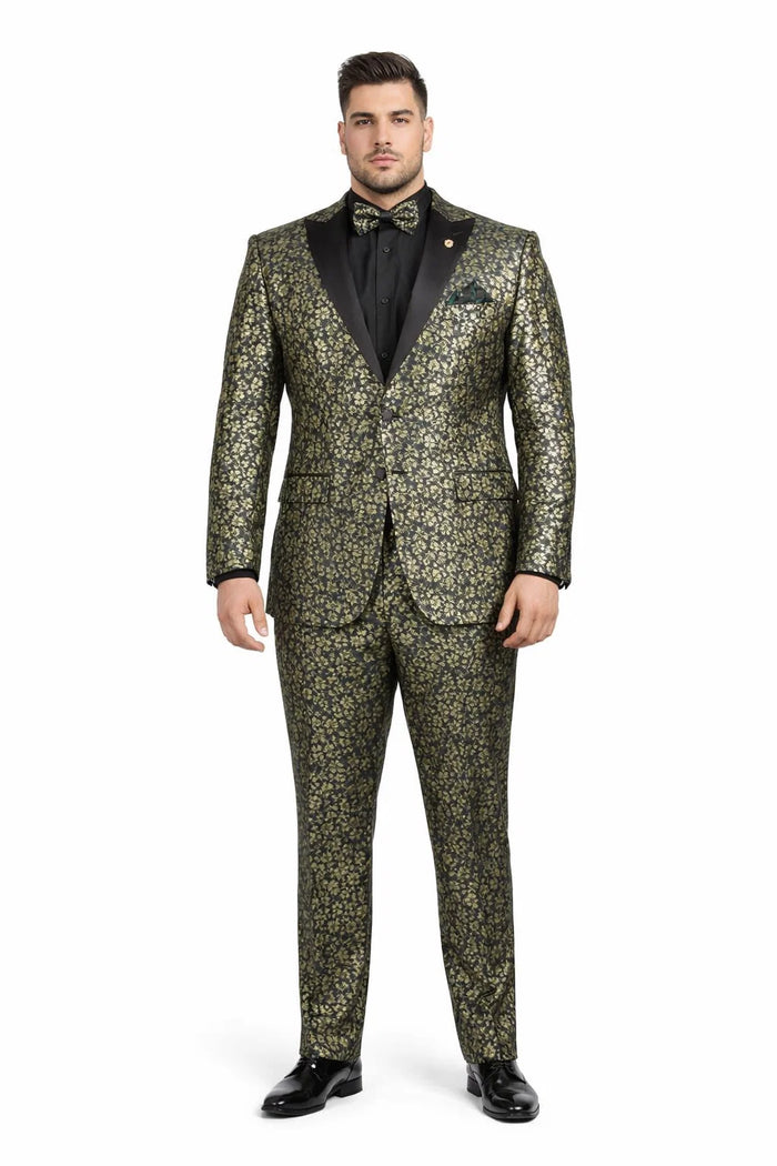 Emerald Green and Gold Floral Tuxedo Suit for Men Perfect Prom or Wedding Suit