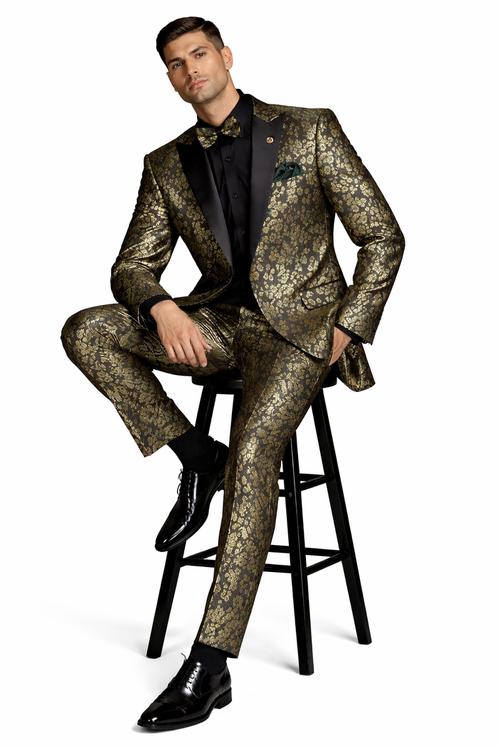 Emerald Green and Gold Floral Tuxedo Suit for Men Perfect Prom or Wedding Suit