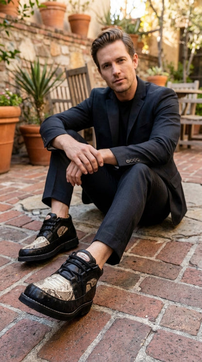 Black and Natural Exotic Leather Casual Shoes, for Men, Lace Up Dress Boot by Los Altos, Black and Natural
