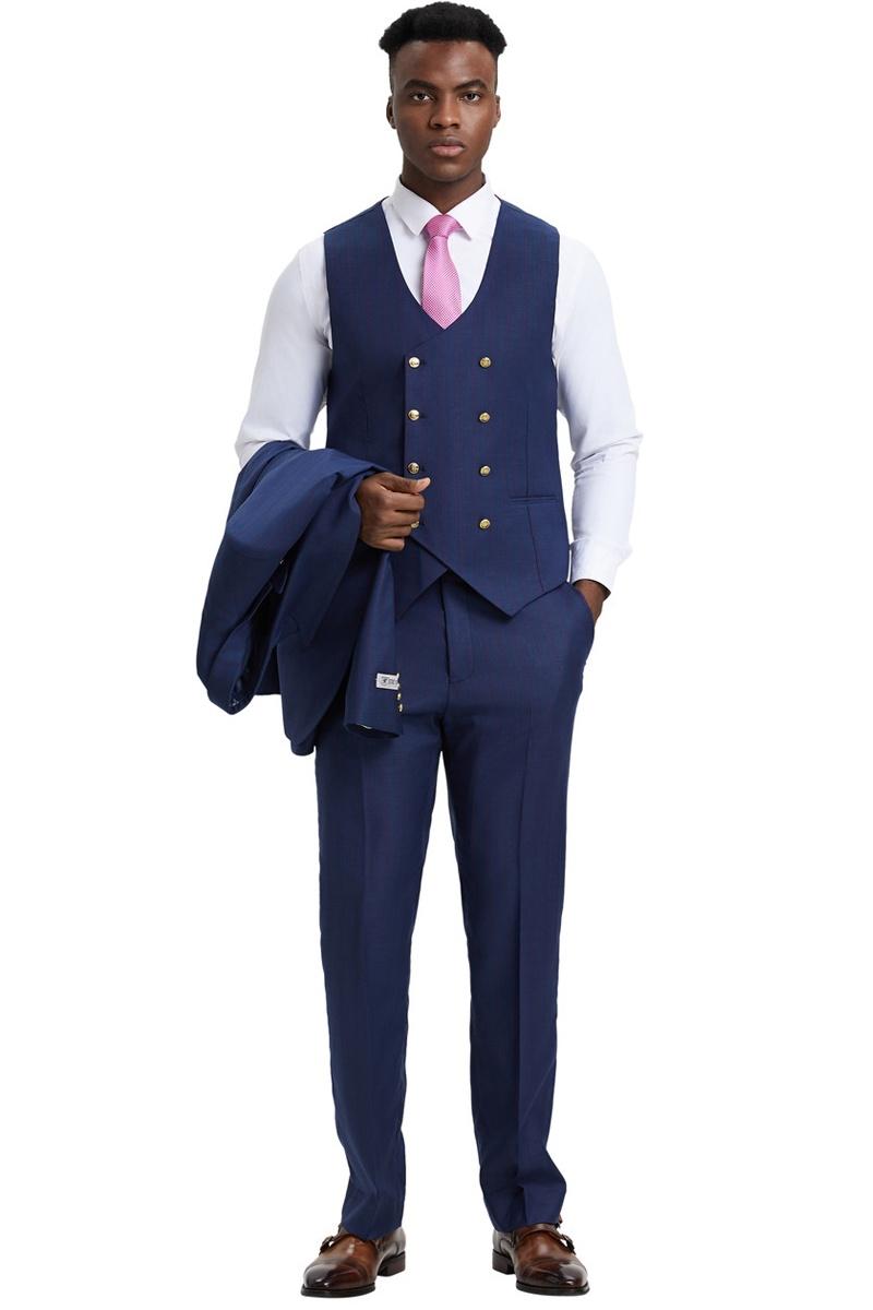 Men's Stacy Adams Vested One Button Side Peak Lapel Pinstripe Suit in Navy Blue