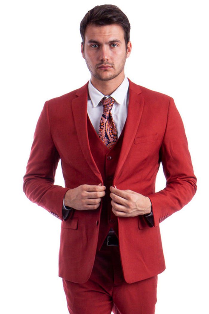 "Men's Slim Fit Two-Button Vested Suit in Solid Brick Color"