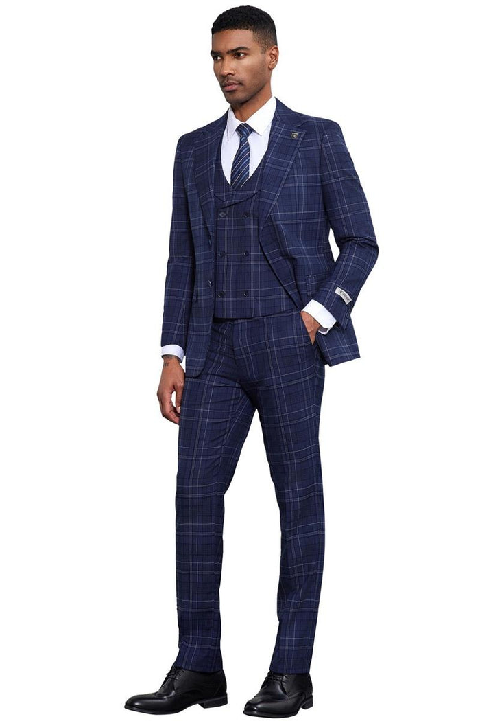 Men's Stacy Adams Vested Two Button Double Windowpane Plaid Suit in Navy
