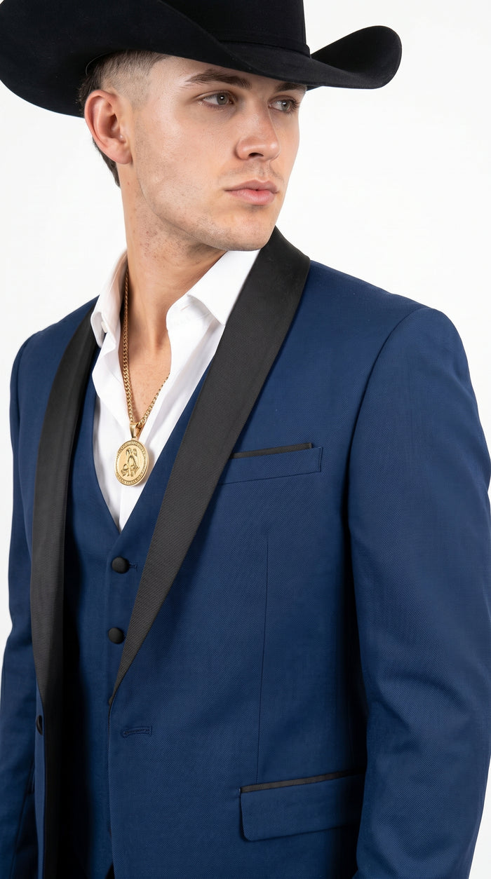 Men’s Sapphire Indigo Western Tuxedo Suit – Cobalt Blue Cowboy Formal Suit with Black Shawl Collar, Vest & Pants