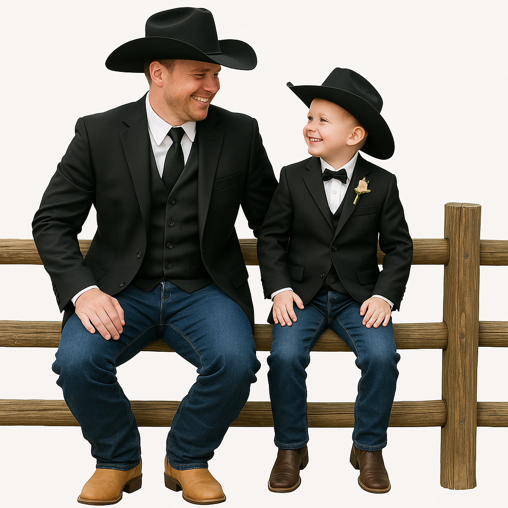 Matching Father and Son Black Western Tuxedo Blazer With Vest + Cowboy Hat Included