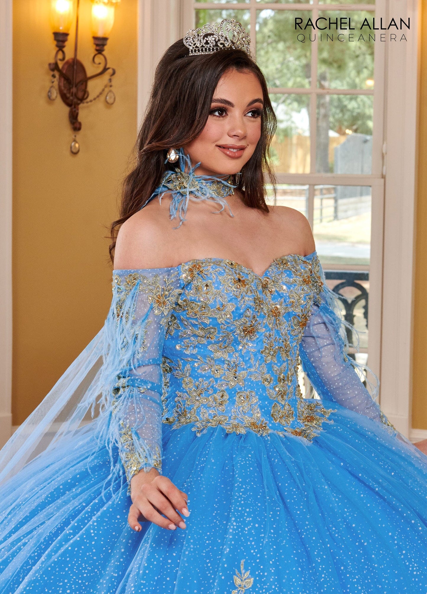 Rachel Allan RQ2167 Feather Cape Sleeve Quinceanera Dress