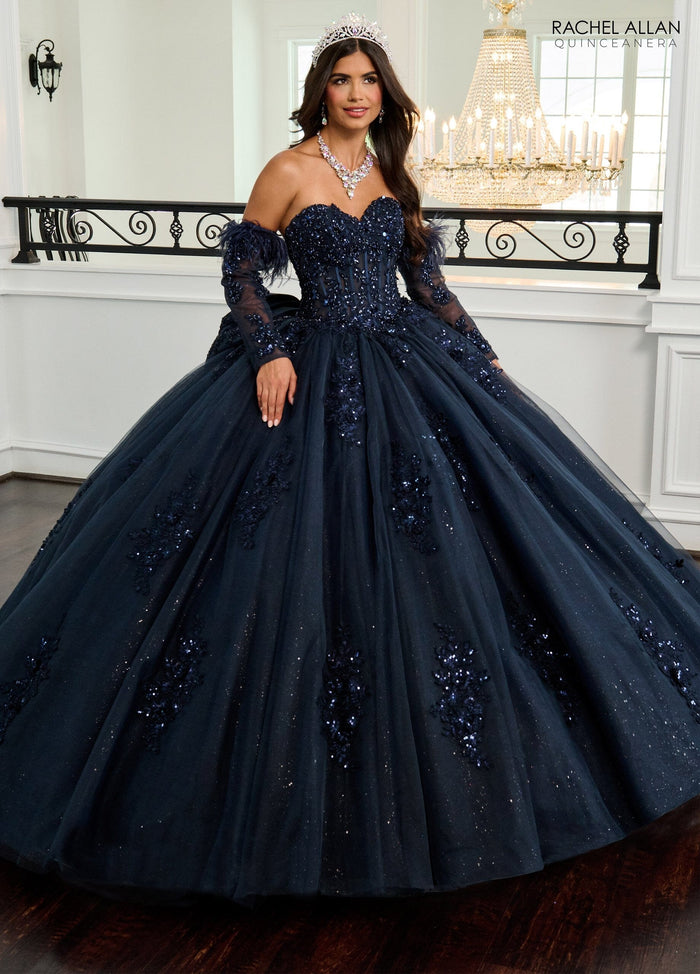 Rachel Allan RQ2171 Feather Long Sleeve Quinceanera Dress
