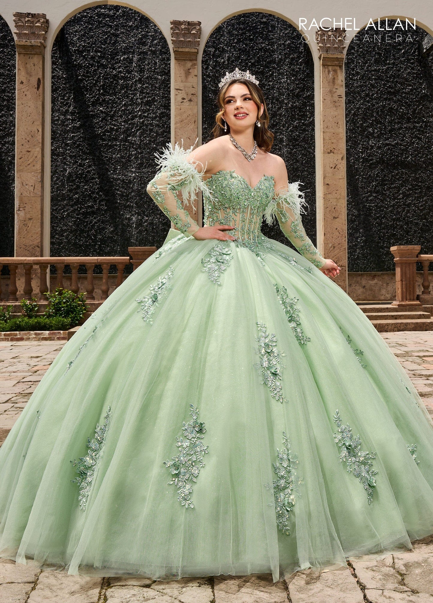 Rachel Allan RQ2171 Feather Long Sleeve Quinceanera Dress