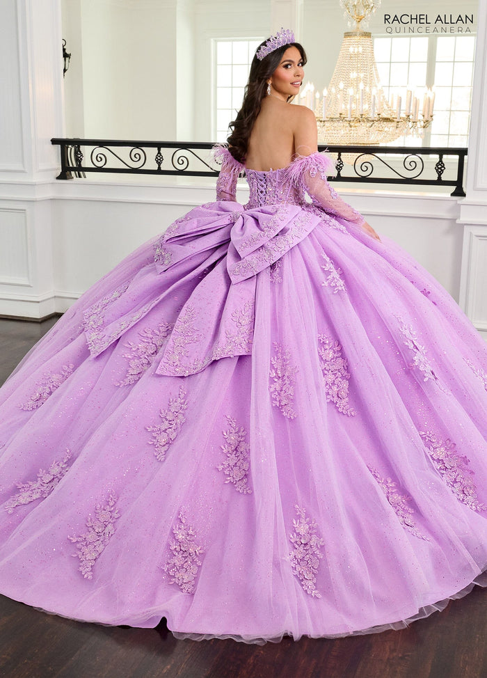 Rachel Allan RQ2171 Feather Long Sleeve Quinceanera Dress