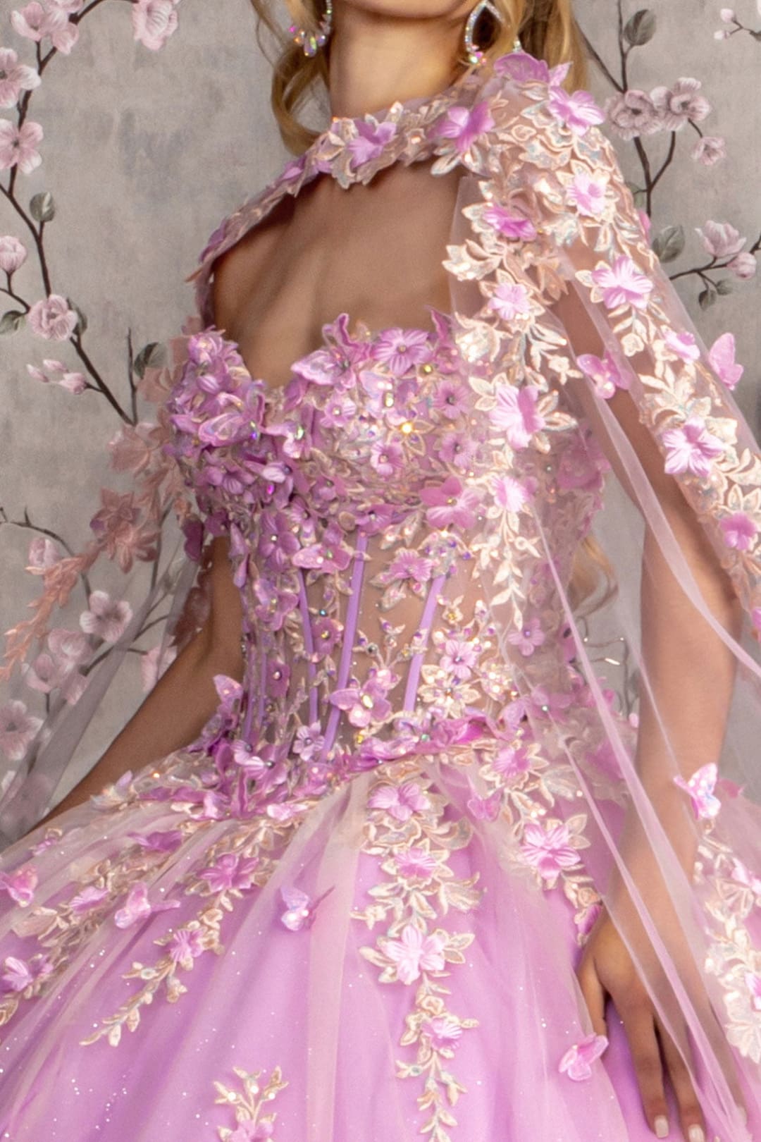 Floral Applique Cape Sleeve Ball Gown by GLS Gloria GL3467 - Quinceanera Dresses