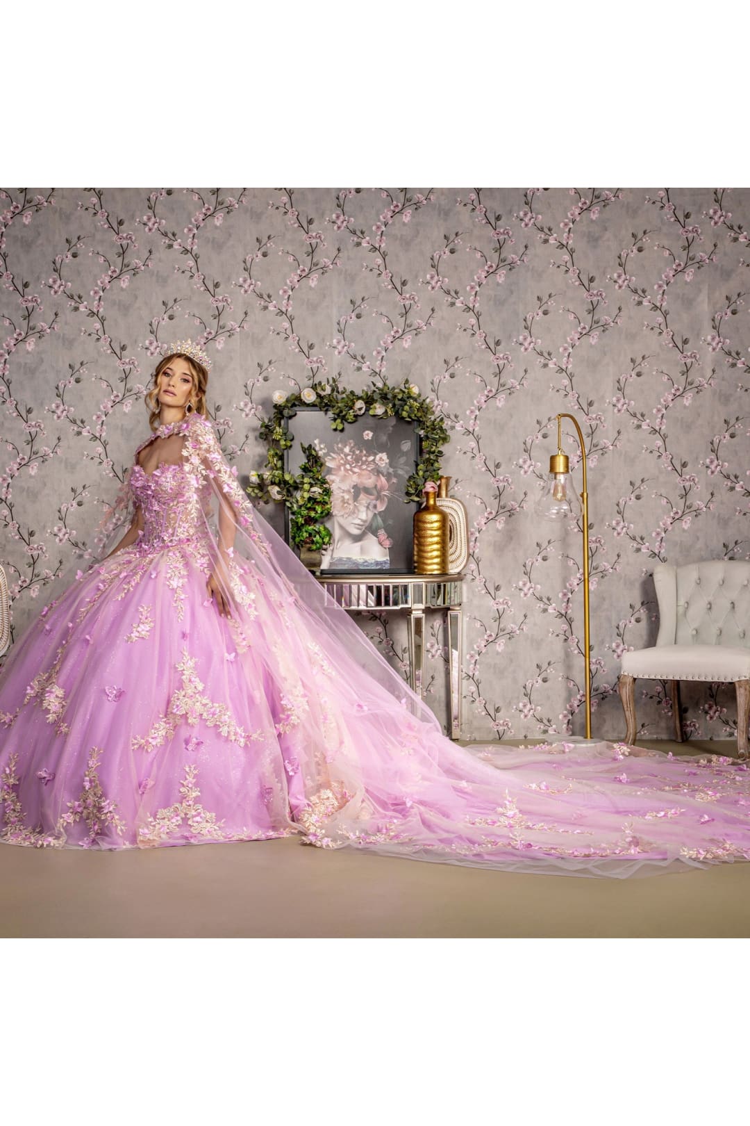 Floral Applique Cape Sleeve Ball Gown by GLS Gloria GL3467 - Quinceanera Dresses