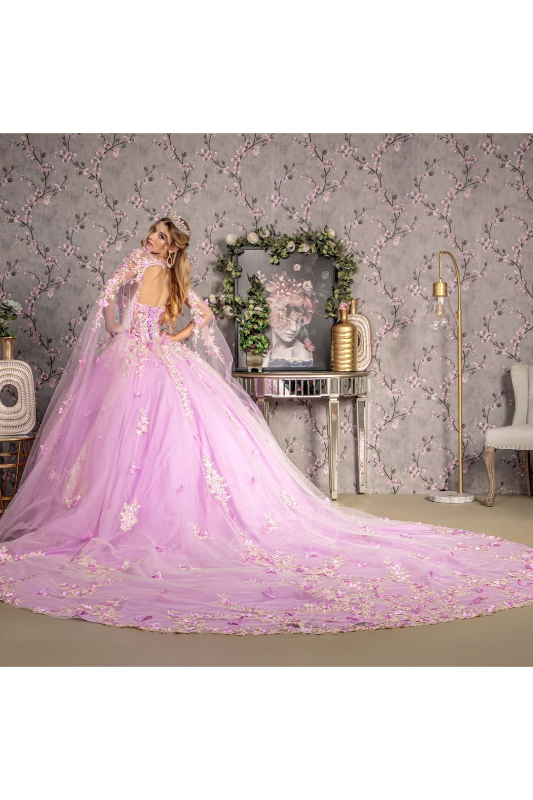 Floral Applique Cape Sleeve Ball Gown by GLS Gloria GL3467 - Quinceanera Dresses