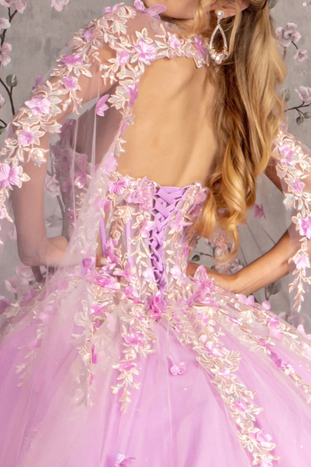 Floral Applique Cape Sleeve Ball Gown by GLS Gloria GL3467 - Quinceanera Dresses