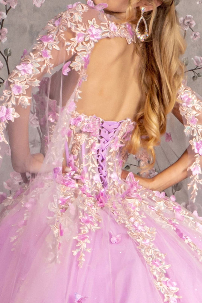 Floral Applique Cape Sleeve Ball Gown by GLS Gloria GL3467