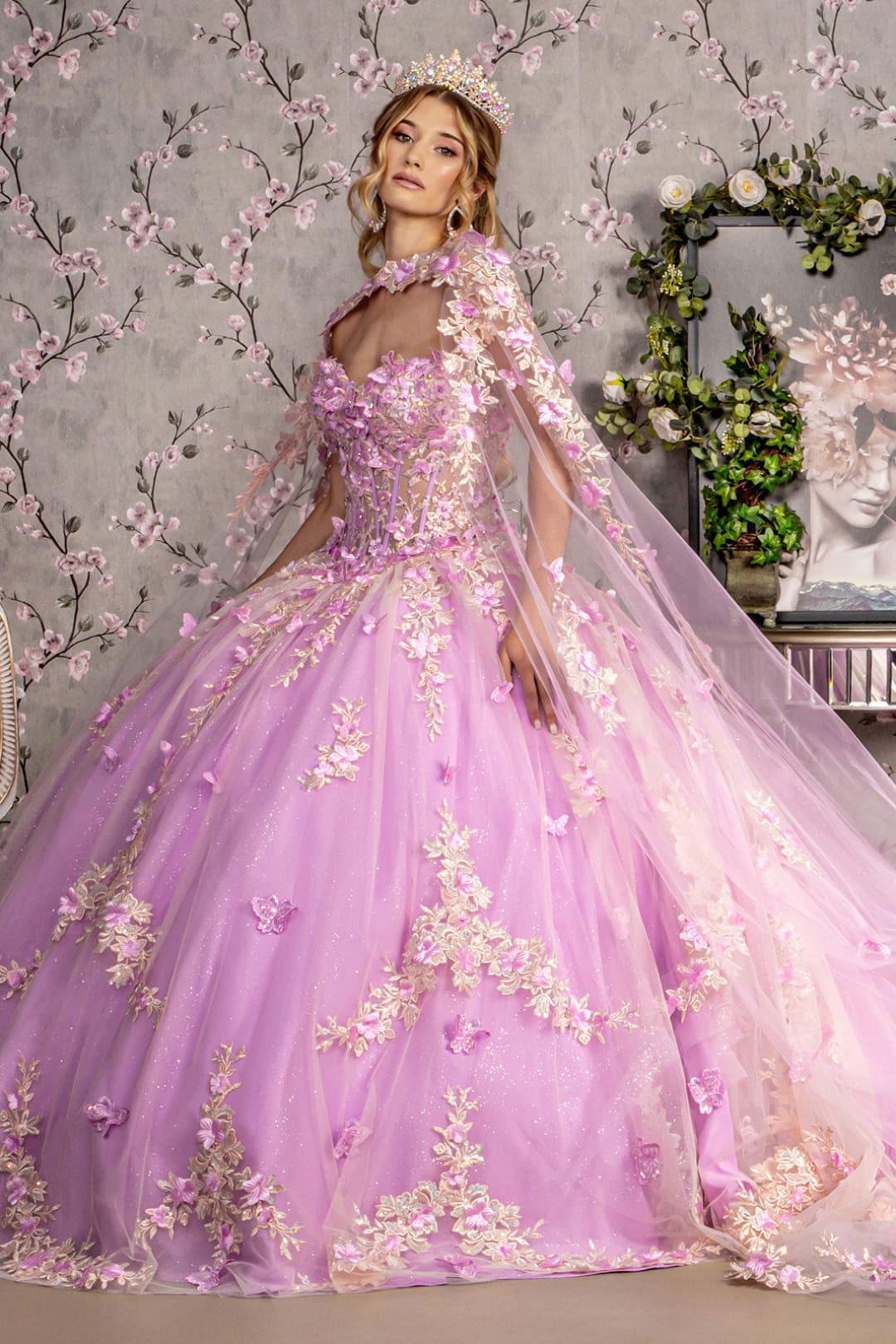 Floral Applique Cape Sleeve Ball Gown by GLS Gloria GL3467 - XS / Lilac - Quinceanera Dresses