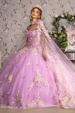 Floral Applique Cape Sleeve Ball Gown by GLS Gloria GL3467 - XS / Lilac - Quinceanera Dresses