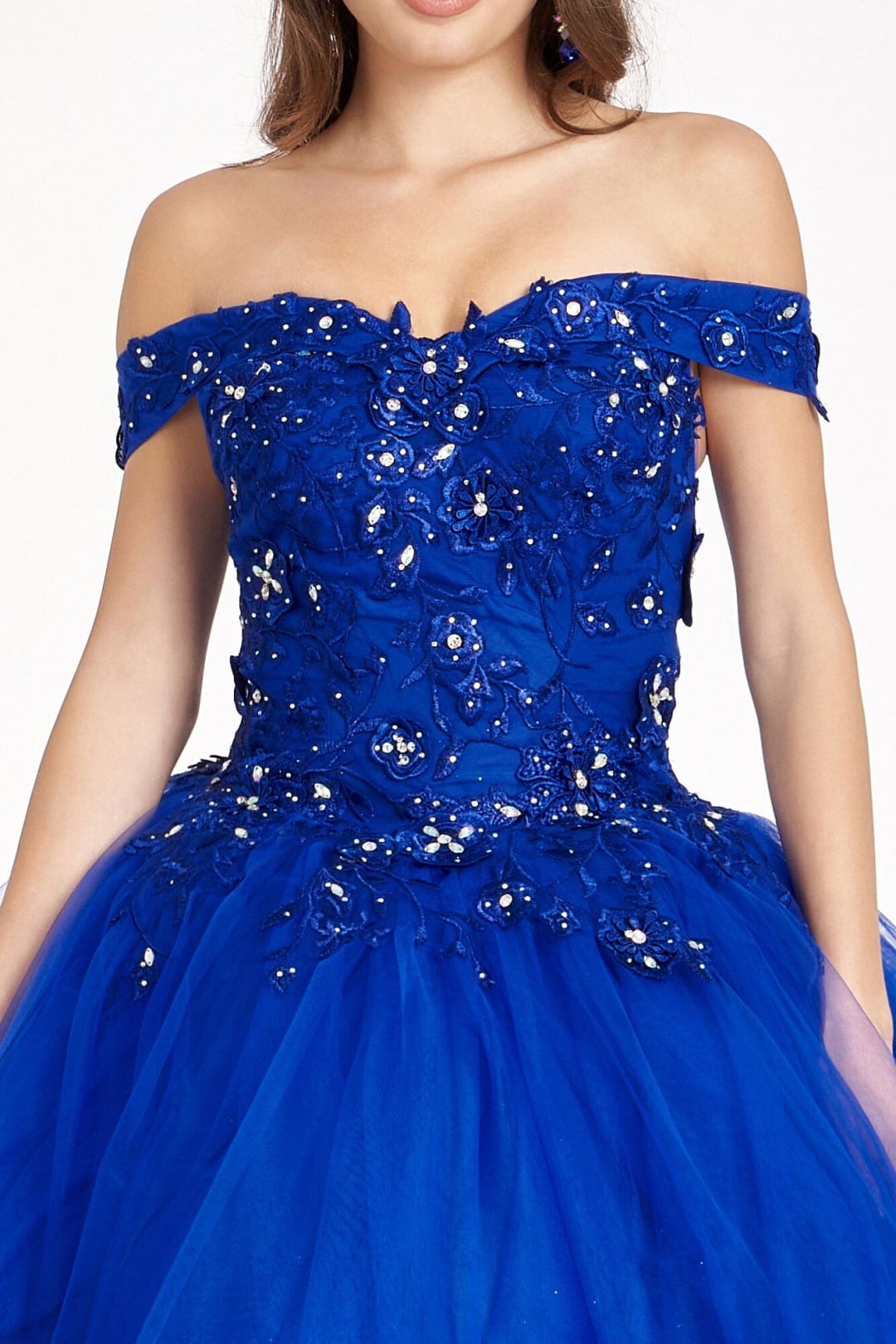 Floral Embroidered Off Shoulder Ball Gown by Elizabeth K GL2802 - XS / Royal Blue - Quinceanera Dresses