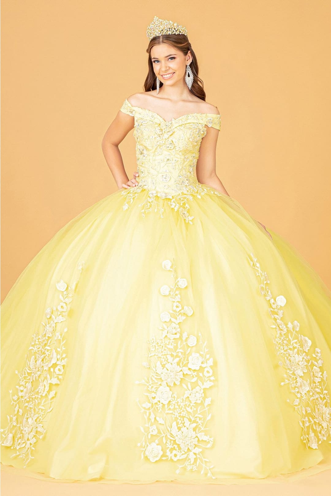 Floral Embroidered Off Shoulder Ball Gown by Elizabeth K GL2802 - XS / Yellow - Quinceanera Dresses