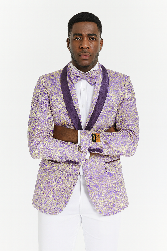 Mens Ivory and Light Purple Lavender Floral Paisley Prom and Wedding Tuxedo Blazer