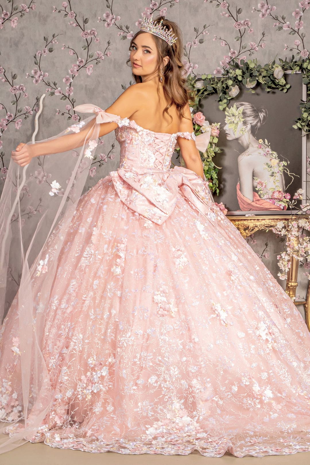 Floral Off Shoulder Cape Sleeve Ball Gown by GLS Gloria GL3465 - Quinceanera Dresses