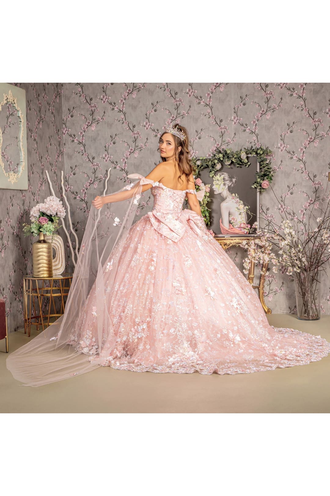 Floral Off Shoulder Cape Sleeve Ball Gown by GLS Gloria GL3465