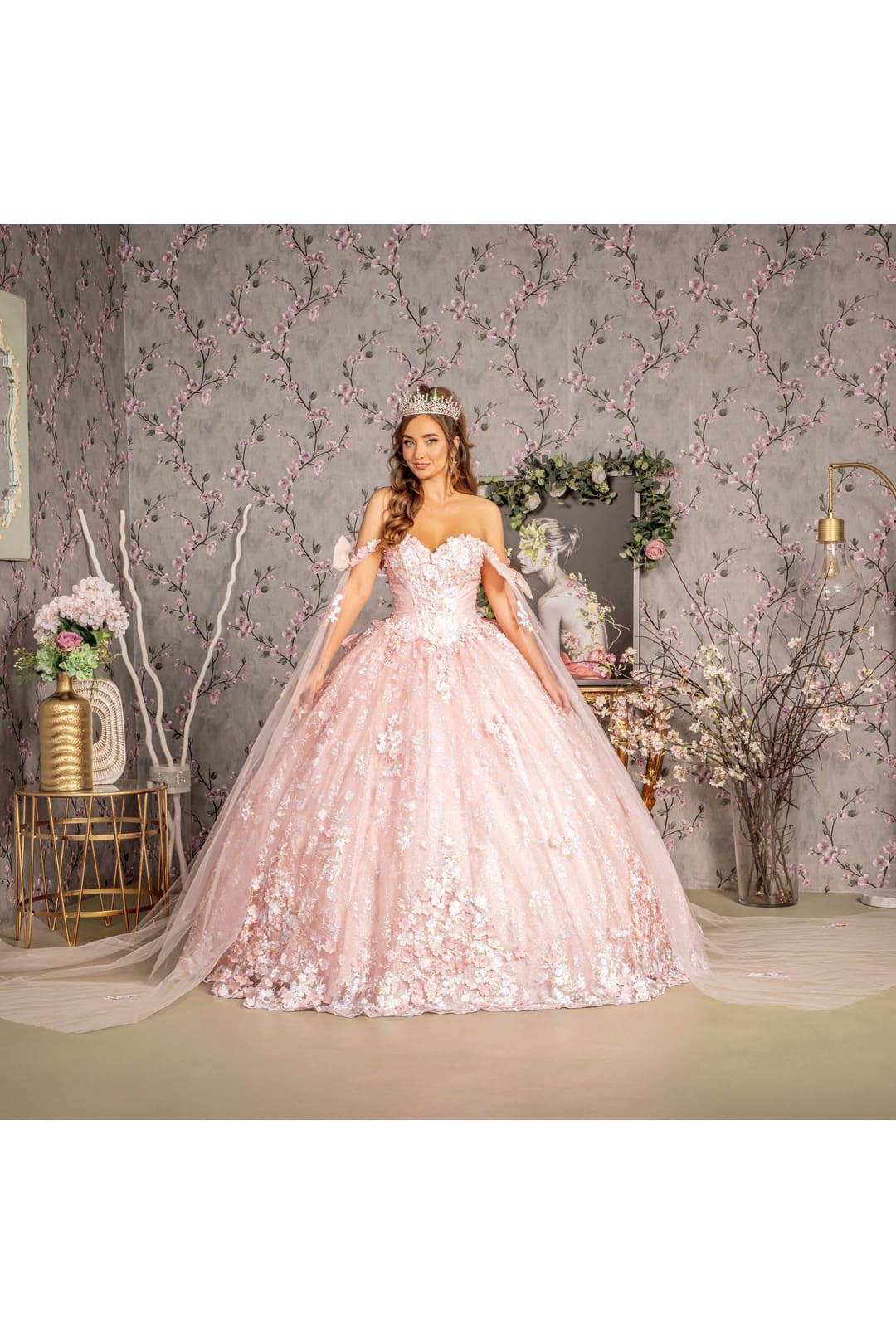 Floral Off Shoulder Cape Sleeve Ball Gown by GLS Gloria GL3465