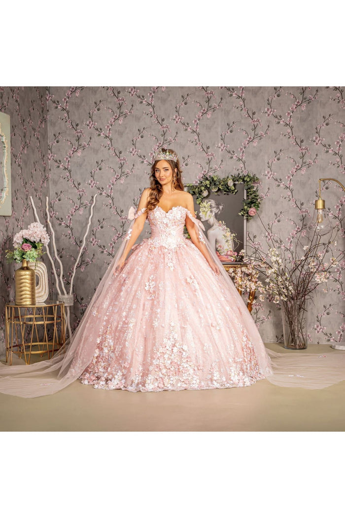 Floral Off Shoulder Cape Sleeve Ball Gown by GLS Gloria GL3465