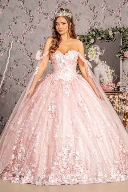 Floral Off Shoulder Cape Sleeve Ball Gown by GLS Gloria GL3465 - XS / Blush - Quinceanera Dresses