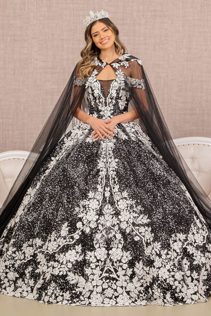 Floral Print Cloak Ball Gown by Elizabeth K GL3168 - Quinceanera Dresses