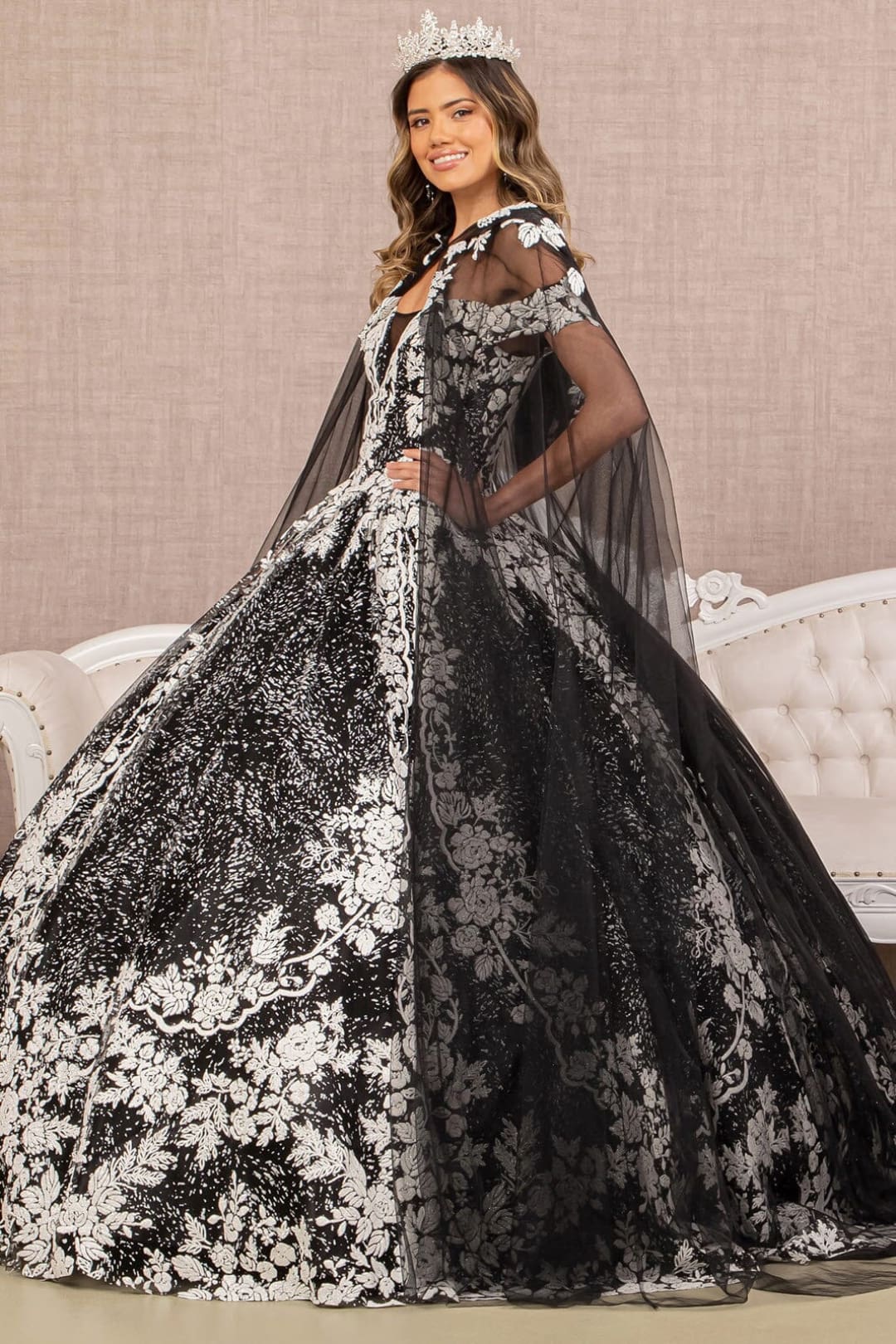Floral Print Cloak Ball Gown by Elizabeth K GL3168 - Quinceanera Dresses