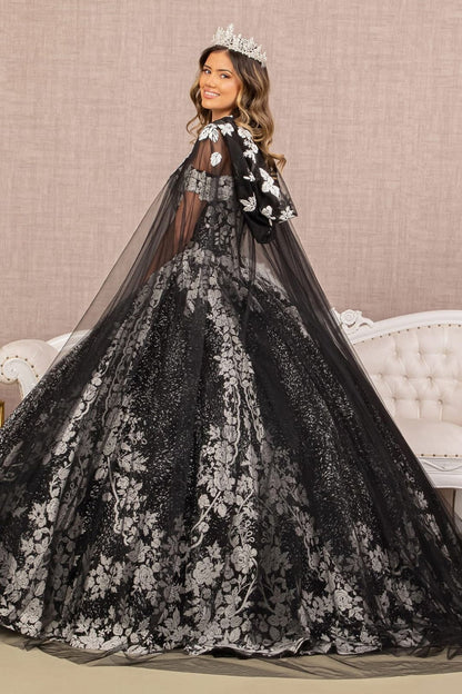 Floral Print Cloak Ball Gown by Elizabeth K GL3168 - Quinceanera Dresses