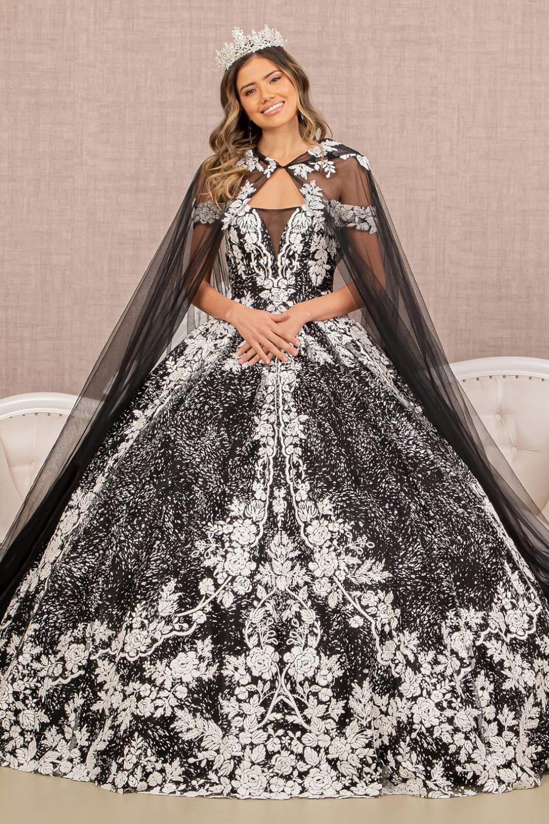 Floral Print Cloak Ball Gown by Elizabeth K GL3168 - XS / Black/White - Quinceanera Dresses