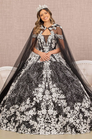 Floral Print Cloak Ball Gown by Elizabeth K GL3168 - XS / Black/White - Quinceanera Dresses