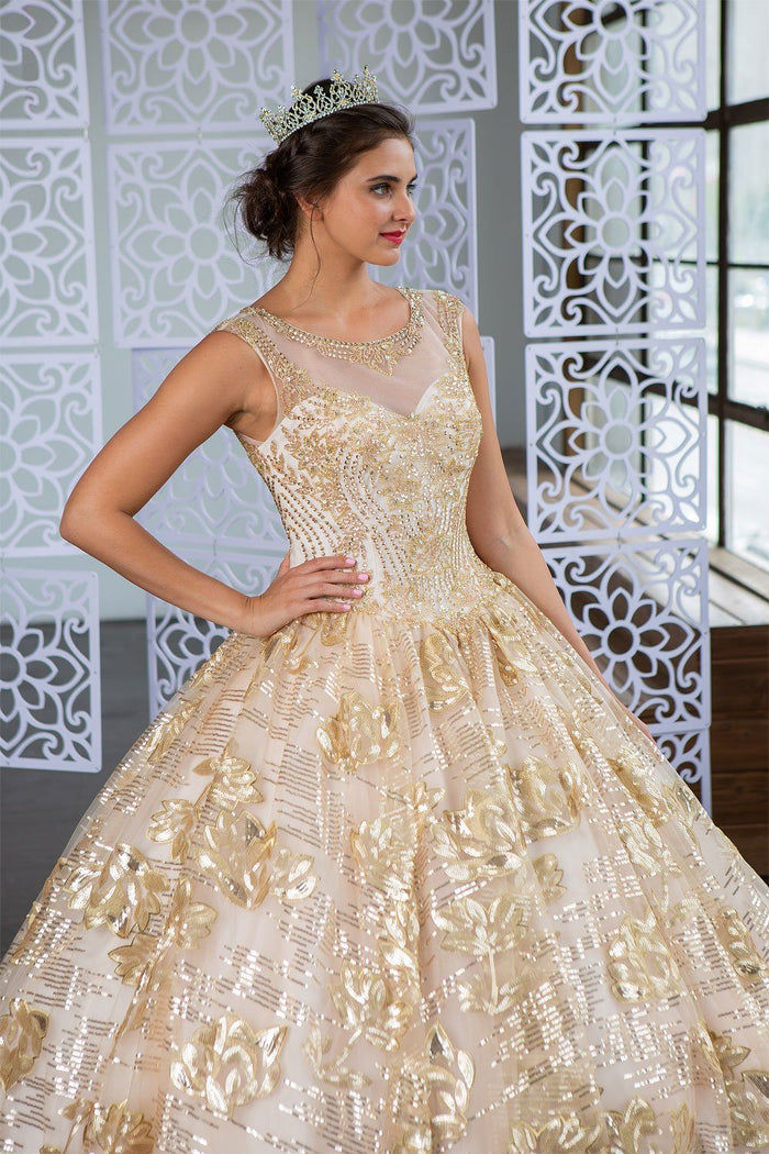 Champagne and Gold Quinceanera Dress Floral Sequin Illusion Ball Gown by Calla KY-77239