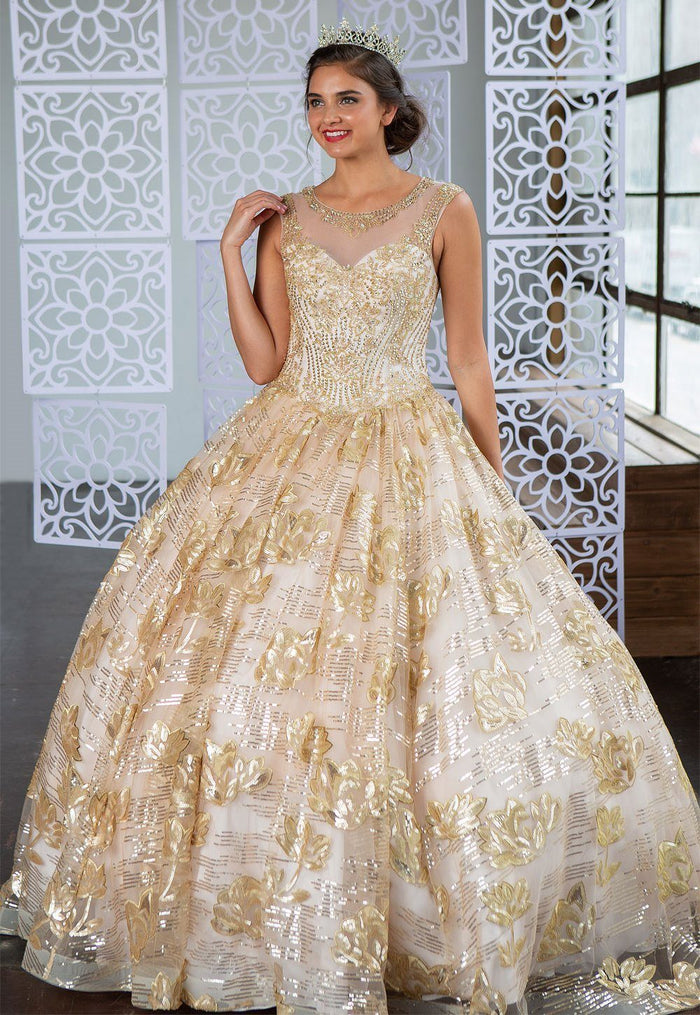 Champagne and Gold Quinceanera Dress Floral Sequin Illusion Ball Gown by Calla KY-77239