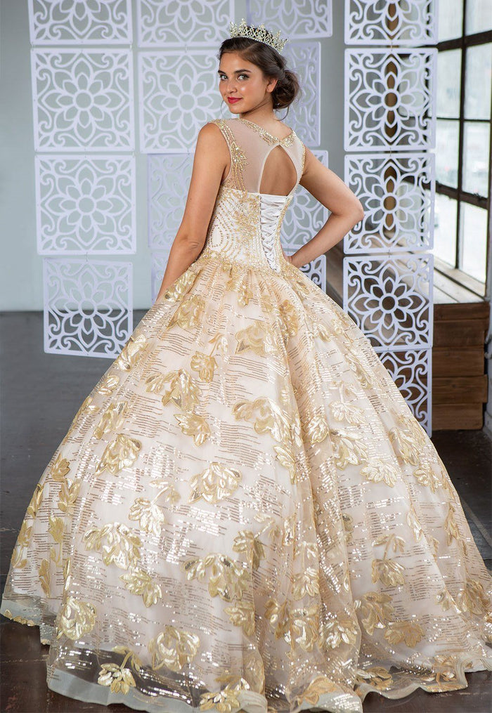 Champagne and Gold Quinceanera Dress Floral Sequin Illusion Ball Gown by Calla KY-77239