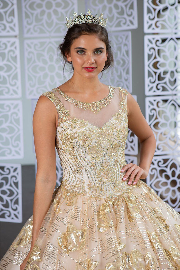Champagne and Gold Quinceanera Dress Floral Sequin Illusion Ball Gown by Calla KY-77239