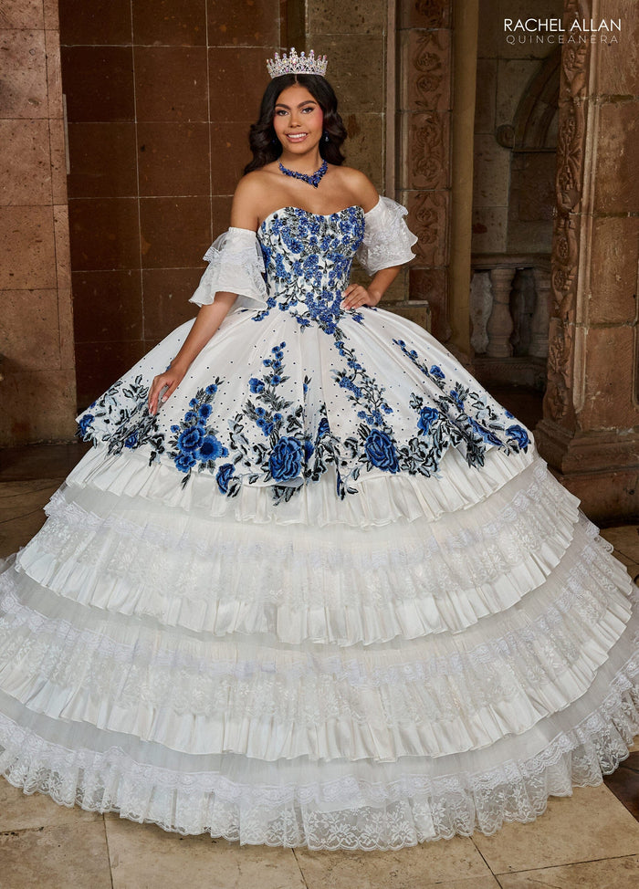 Floral Quinceañera Ball Gown with Embroidery Sleeves & Tiered Ruffle Skirt by Rachel Allan RQ5002