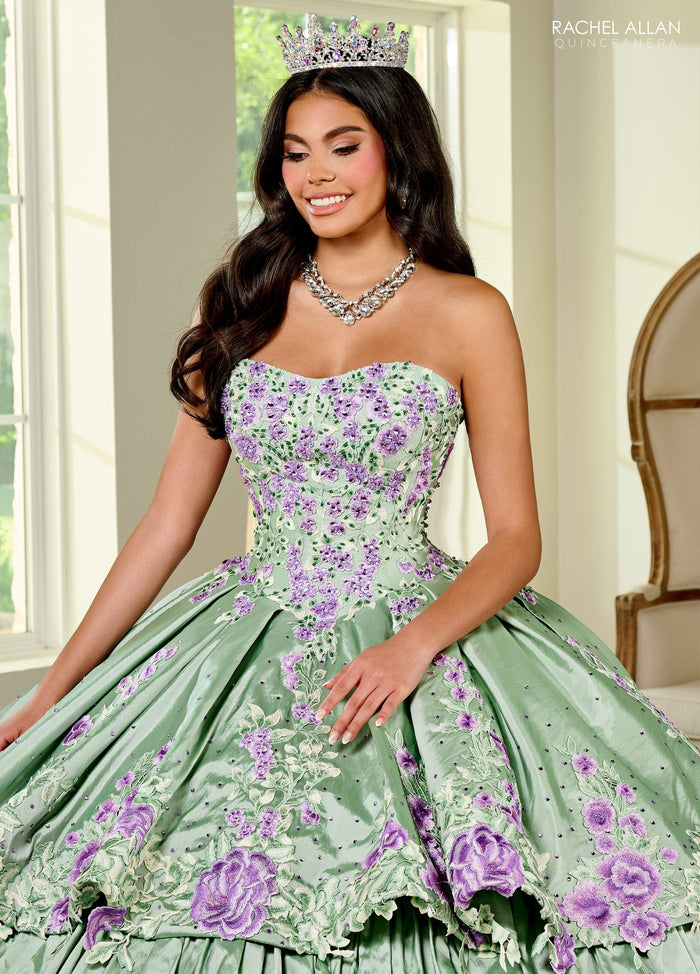 Floral Quinceañera Ball Gown with Embroidery Sleeves & Tiered Ruffle Skirt by Rachel Allan RQ5002