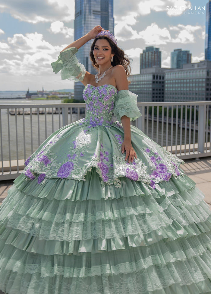 Floral Quinceañera Ball Gown with Embroidery Sleeves & Tiered Ruffle Skirt by Rachel Allan RQ5002