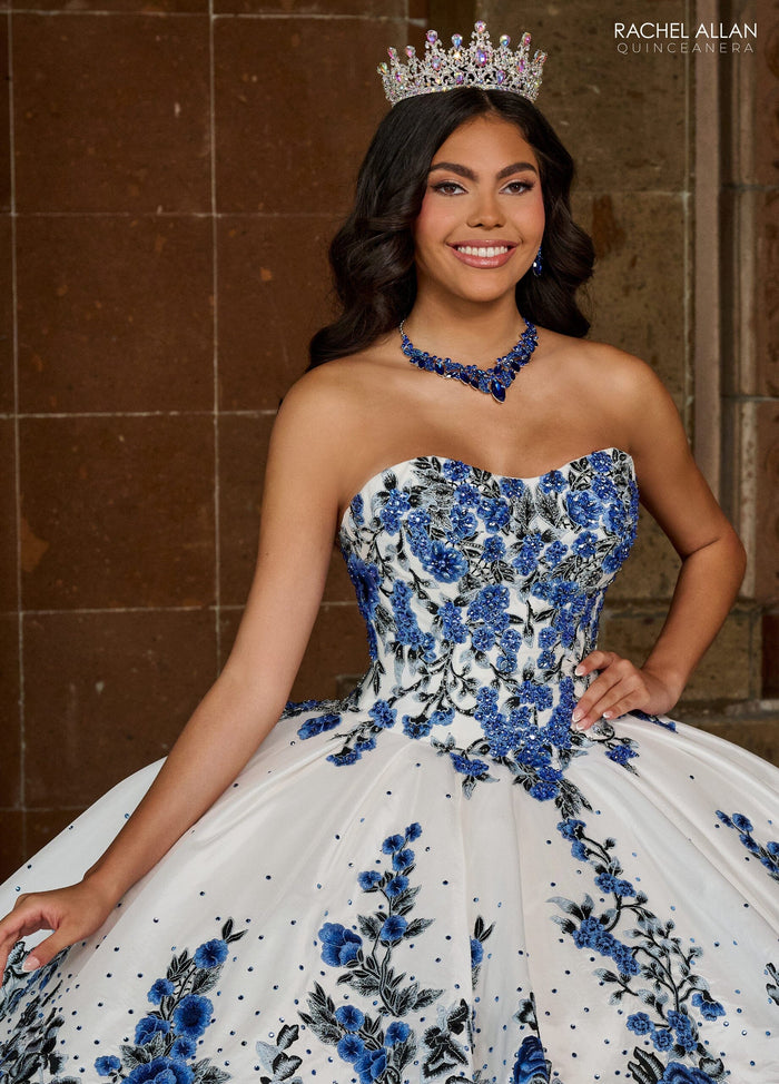 Floral Quinceañera Ball Gown with Embroidery Sleeves & Tiered Ruffle Skirt by Rachel Allan RQ5002