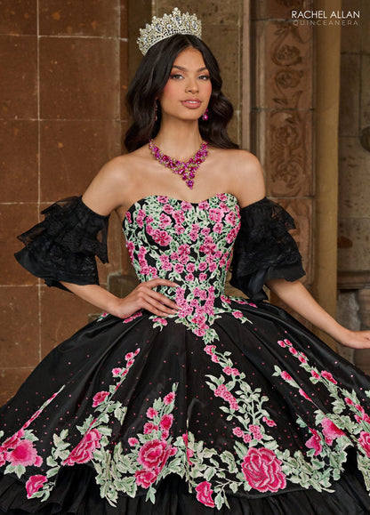 Floral Quinceañera Ball Gown with Embroidery Sleeves & Tiered Ruffle Skirt by Rachel Allan RQ5002