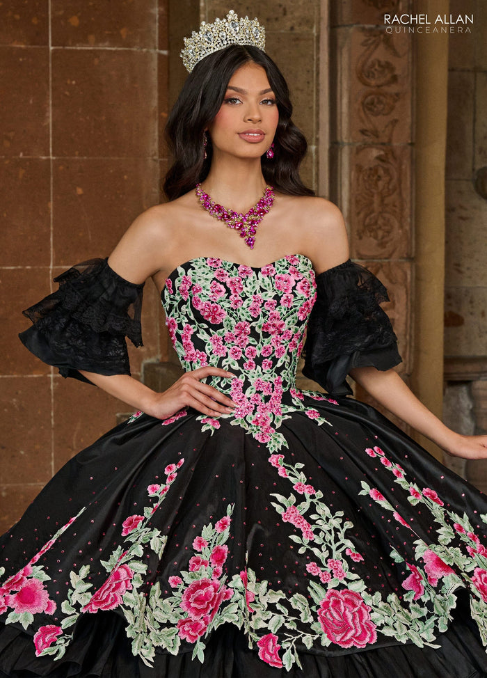 Floral Quinceañera Ball Gown with Embroidery Sleeves & Tiered Ruffle Skirt by Rachel Allan RQ5002