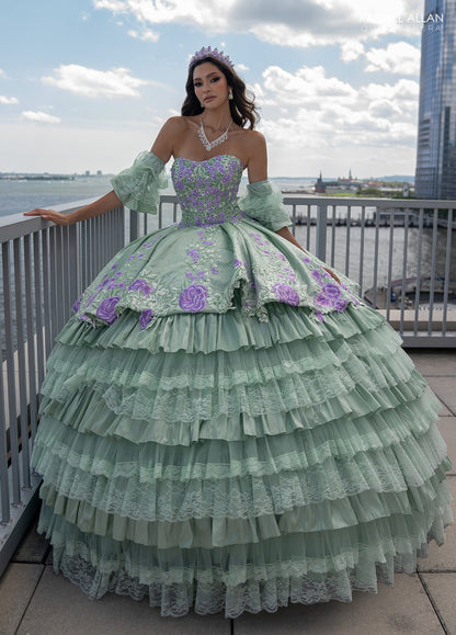 Floral Quinceañera Ball Gown with Embroidery Sleeves & Tiered Ruffle Skirt by Rachel Allan RQ5002