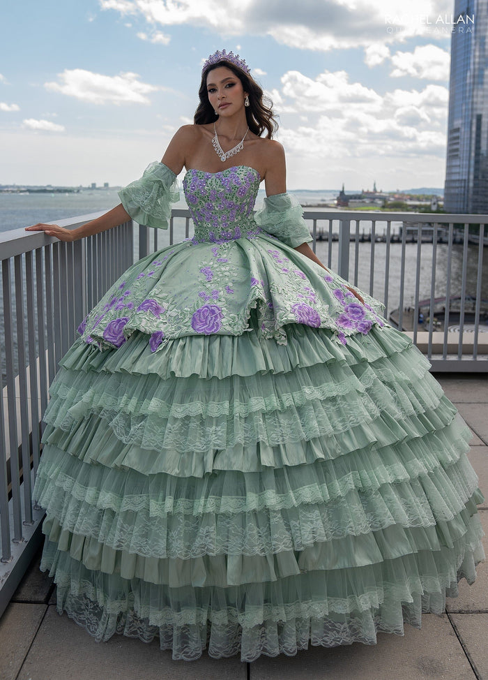 Floral Quinceañera Ball Gown with Embroidery Sleeves & Tiered Ruffle Skirt by Rachel Allan RQ5002