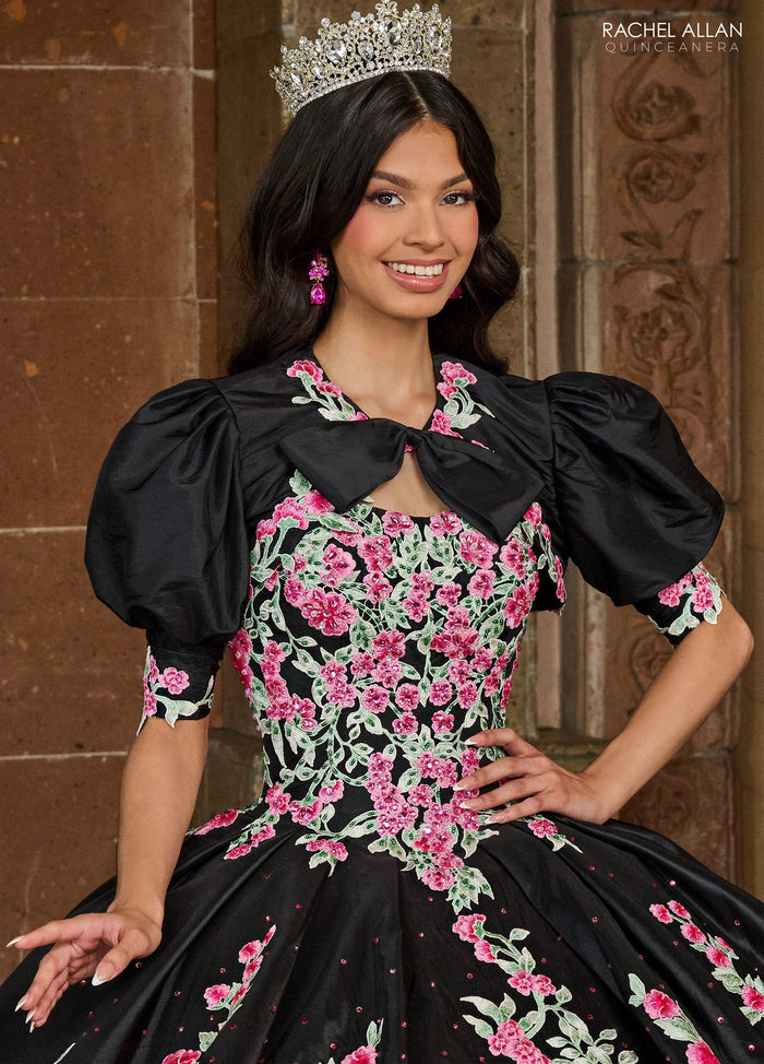 Floral Quinceañera Ball Gown with Embroidery Sleeves & Tiered Ruffle Skirt by Rachel Allan RQ5002