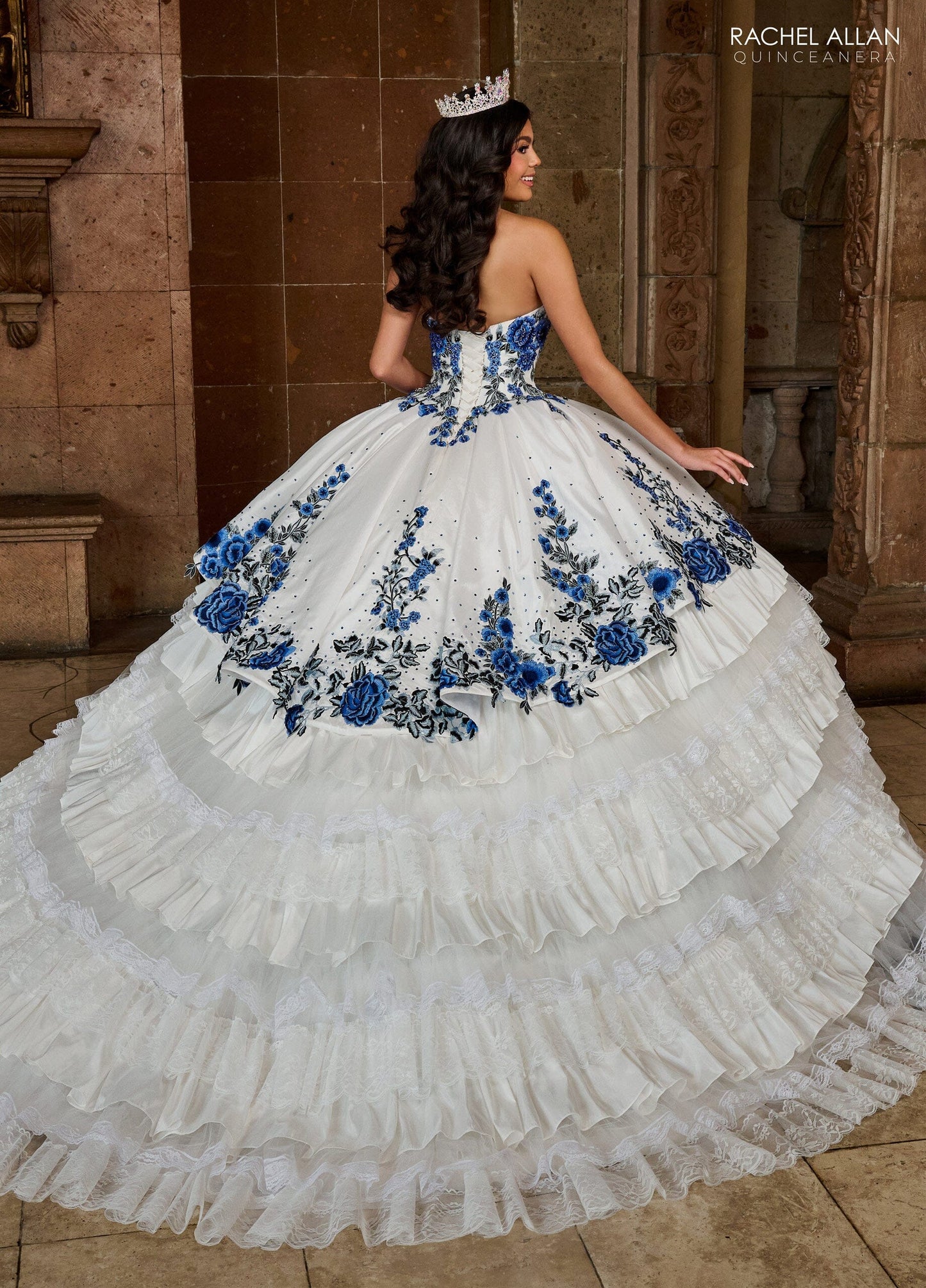 Floral Quinceañera Ball Gown with Embroidery Sleeves & Tiered Ruffle Skirt by Rachel Allan RQ5002