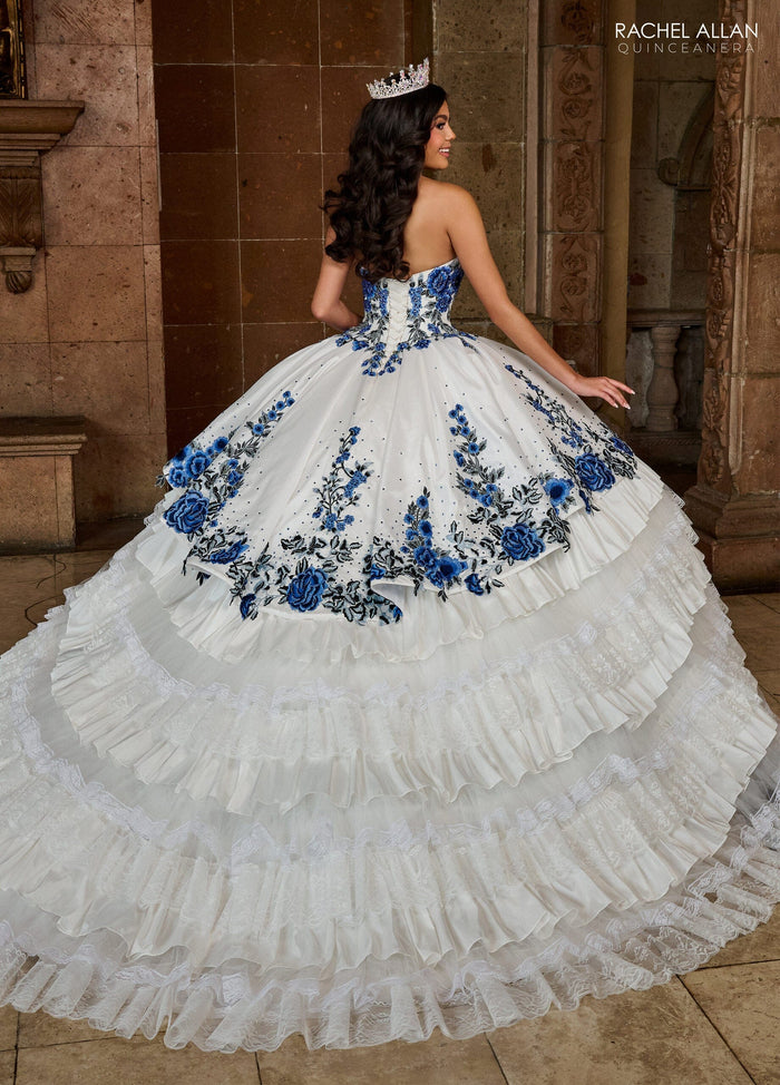 Floral Quinceañera Ball Gown with Embroidery Sleeves & Tiered Ruffle Skirt by Rachel Allan RQ5002
