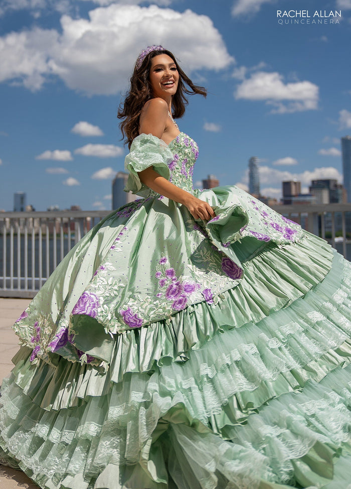 Floral Quinceañera Ball Gown with Embroidery Sleeves & Tiered Ruffle Skirt by Rachel Allan RQ5002